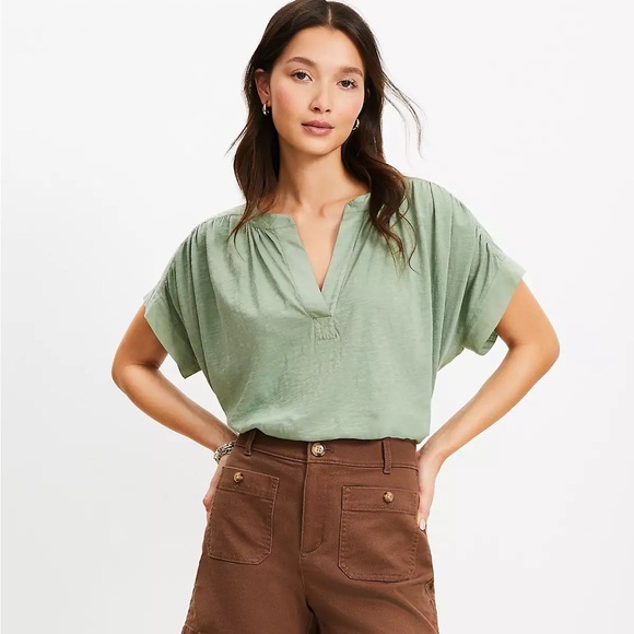 LOFT Tops - NWT LOFT Split Neck Mixed Media Top L Large in Bay Green 100% Cotton